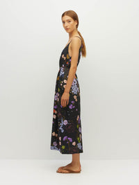 Juliette Hogan Always Slip (Afterglow Floral Twill) Noir - printed summer slip dress with V-neckline, adjustable straps, waist tie, and side pockets.