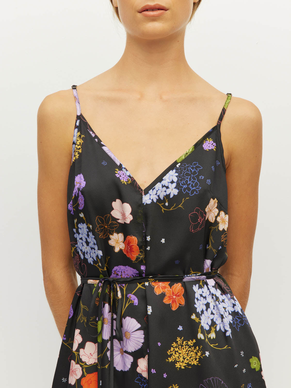 Juliette Hogan Always Slip (Afterglow Floral Twill) Noir - printed summer slip dress with V-neckline, adjustable straps, waist tie, and side pockets.