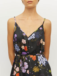 Juliette Hogan Always Slip (Afterglow Floral Twill) Noir - printed summer slip dress with V-neckline, adjustable straps, waist tie, and side pockets.