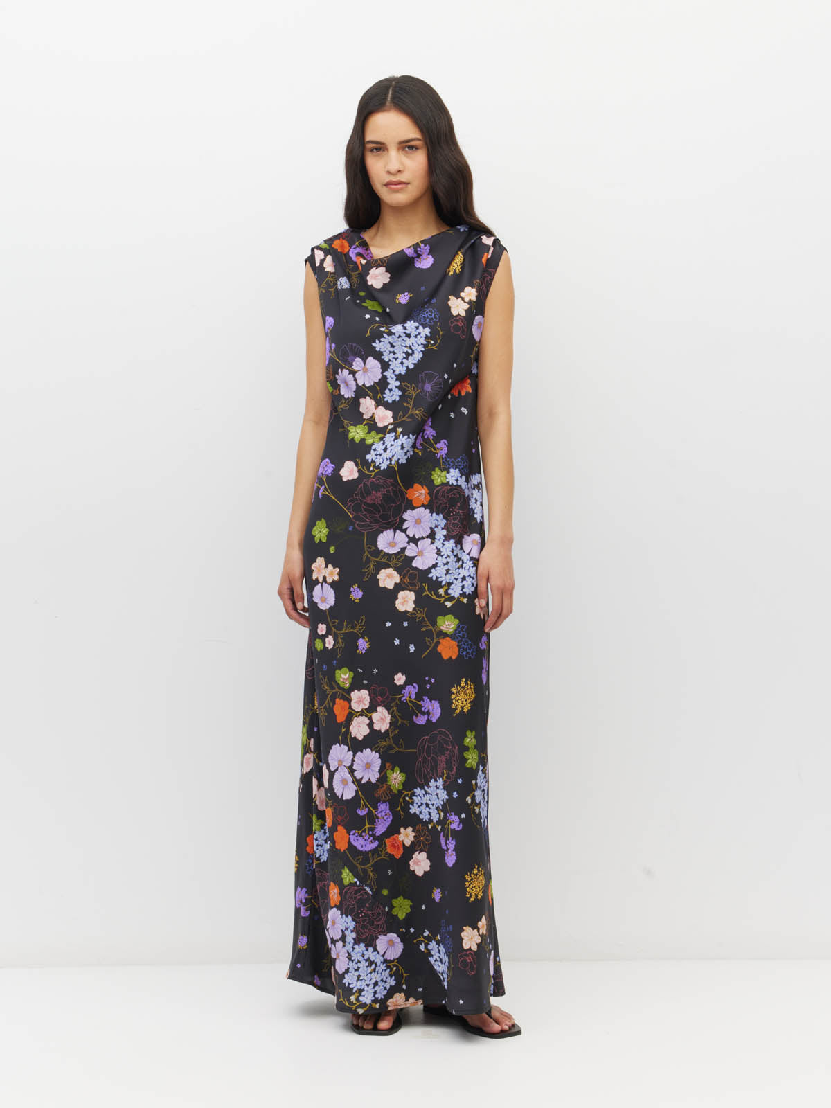 Juliette Hogan Arc Dress (Afterglow Floral Twill) Noir - draped maxi dress with wide-neck shoulder style, shoulder pleats, and bias-cut skirt.