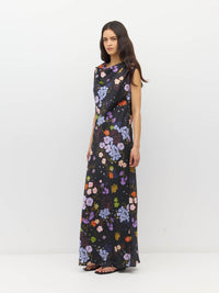 Juliette Hogan Arc Dress (Afterglow Floral Twill) Noir - draped maxi dress with wide-neck shoulder style, shoulder pleats, and bias-cut skirt.