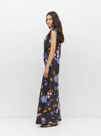 Juliette Hogan Arc Dress (Afterglow Floral Twill) Noir - draped maxi dress with wide-neck shoulder style, shoulder pleats, and bias-cut skirt.