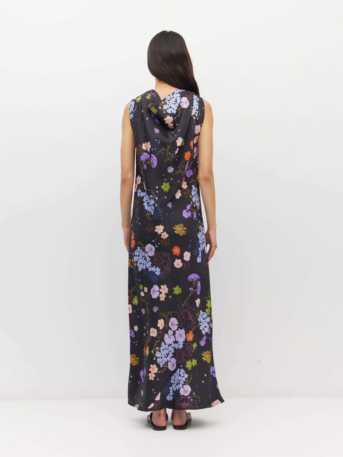 Juliette Hogan Arc Dress (Afterglow Floral Twill) Noir - draped maxi dress with wide-neck shoulder style, shoulder pleats, and bias-cut skirt.