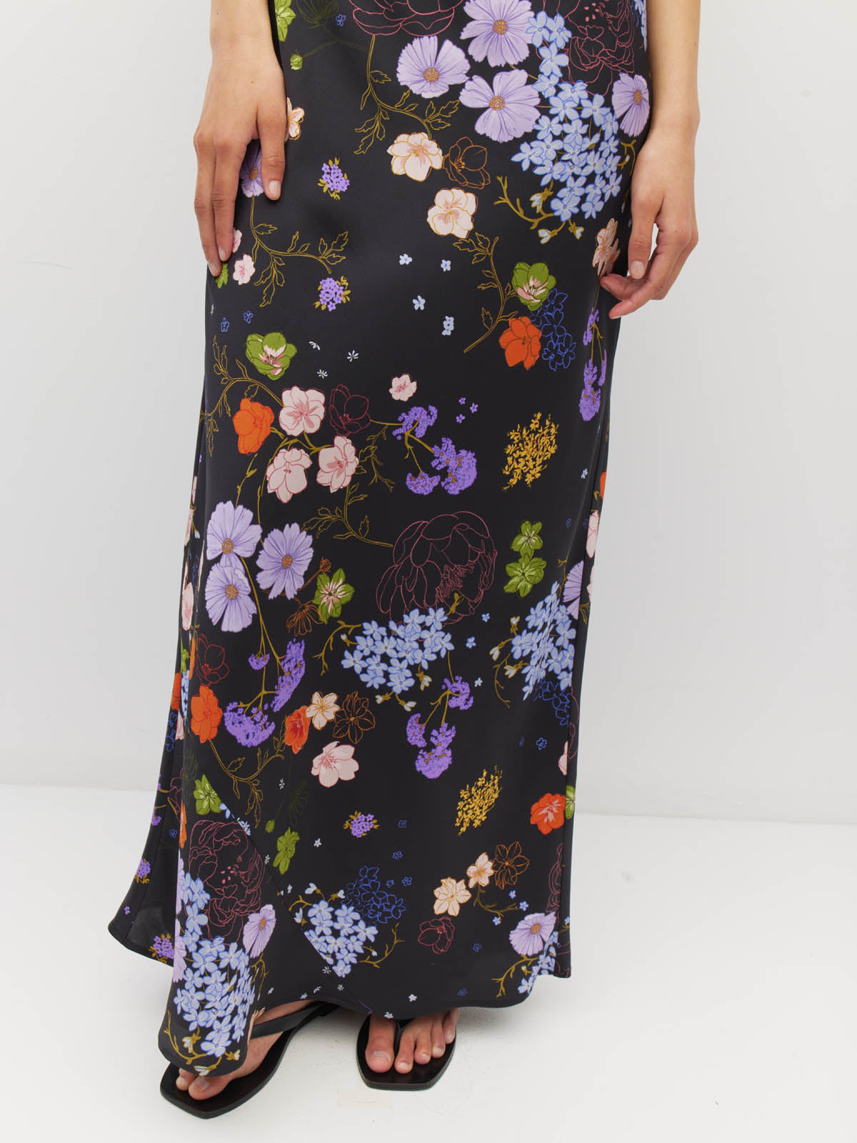 Juliette Hogan Arc Dress (Afterglow Floral Twill) Noir - draped maxi dress with wide-neck shoulder style, shoulder pleats, and bias-cut skirt.
