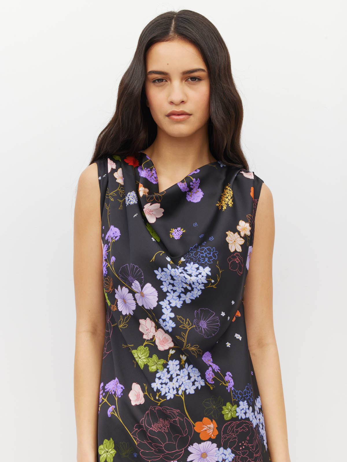 Juliette Hogan Arc Dress (Afterglow Floral Twill) Noir - draped maxi dress with wide-neck shoulder style, shoulder pleats, and bias-cut skirt.