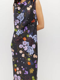 Juliette Hogan Arc Dress (Afterglow Floral Twill) Noir - draped maxi dress with wide-neck shoulder style, shoulder pleats, and bias-cut skirt.
