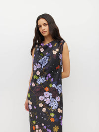 Juliette Hogan Arc Dress (Afterglow Floral Twill) Noir - draped maxi dress with wide-neck shoulder style, shoulder pleats, and bias-cut skirt.