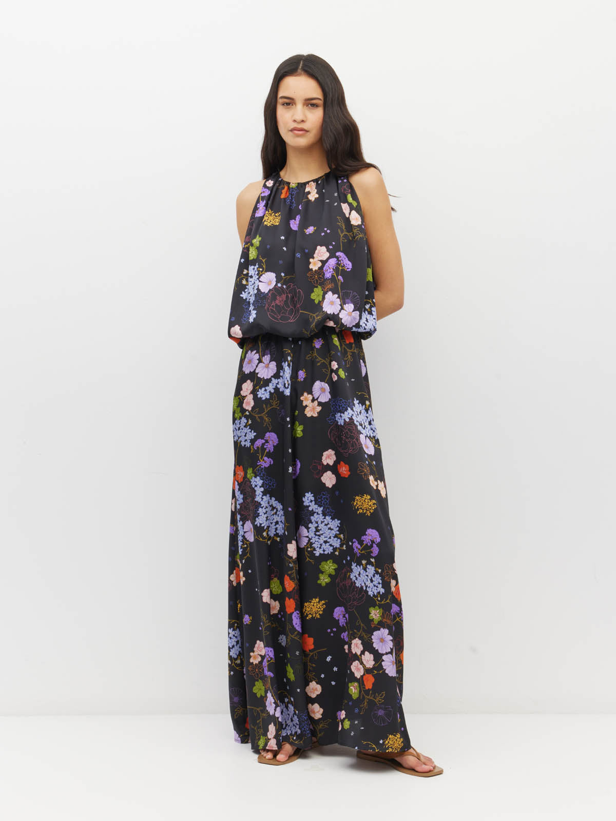 Juliette Hogan Aria Dress (Afterglow Floral Twill) Noir - draped event dress with blouson bodice, high gathered neckline, and A-line full-length skirt.