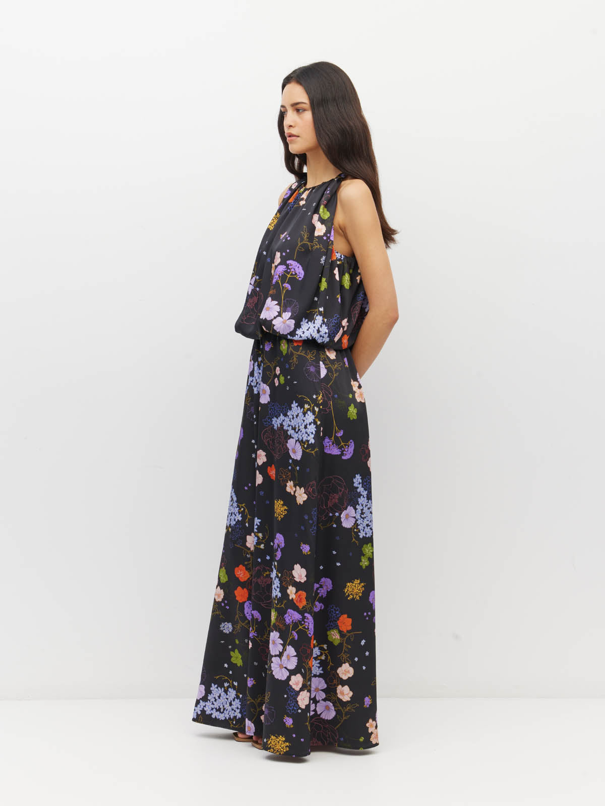 Juliette Hogan Aria Dress (Afterglow Floral Twill) Noir - draped event dress with blouson bodice, high gathered neckline, and A-line full-length skirt.