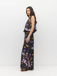 Juliette Hogan Aria Dress (Afterglow Floral Twill) Noir - draped event dress with blouson bodice, high gathered neckline, and A-line full-length skirt.