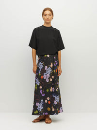 Juliette Hogan Em Skirt (Afterglow Floral Twill) Noir - bias-cut printed skirt with elastic waistband and lower-calf hem.