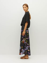 Juliette Hogan Em Skirt (Afterglow Floral Twill) Noir - bias-cut printed skirt with elastic waistband and lower-calf hem.