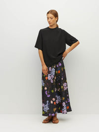 Juliette Hogan Em Skirt (Afterglow Floral Twill) Noir - bias-cut printed skirt with elastic waistband and lower-calf hem.