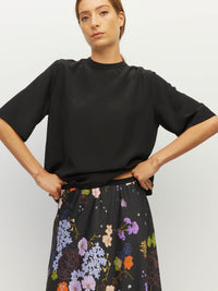 Juliette Hogan Em Skirt (Afterglow Floral Twill) Noir - bias-cut printed skirt with elastic waistband and lower-calf hem.