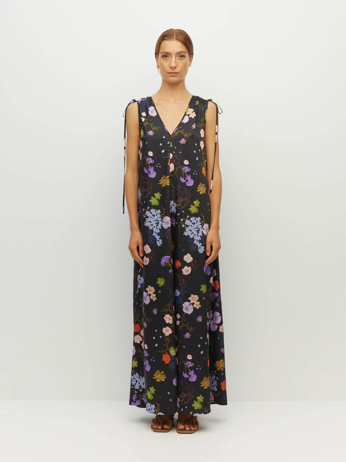 Juliette Hogan Tulia Dress (Afterglow Floral Twill) Noir - reversible maxi dress with adjustable V-neckline and tie shoulders.