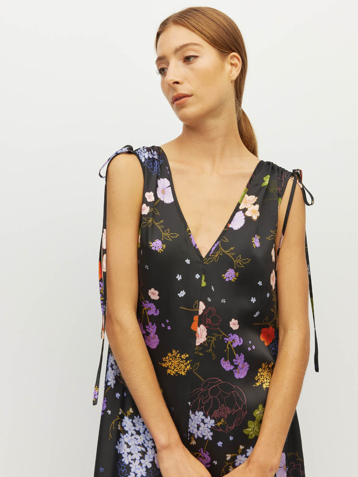 Juliette Hogan Tulia Dress (Afterglow Floral Twill) Noir - reversible maxi dress with adjustable V-neckline and tie shoulders.