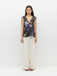 Juliette Hogan Tulia Top (Afterglow Floral Twill) Noir - reversible top with adjustable V-neckline and tie shoulders, finishing at the hip.