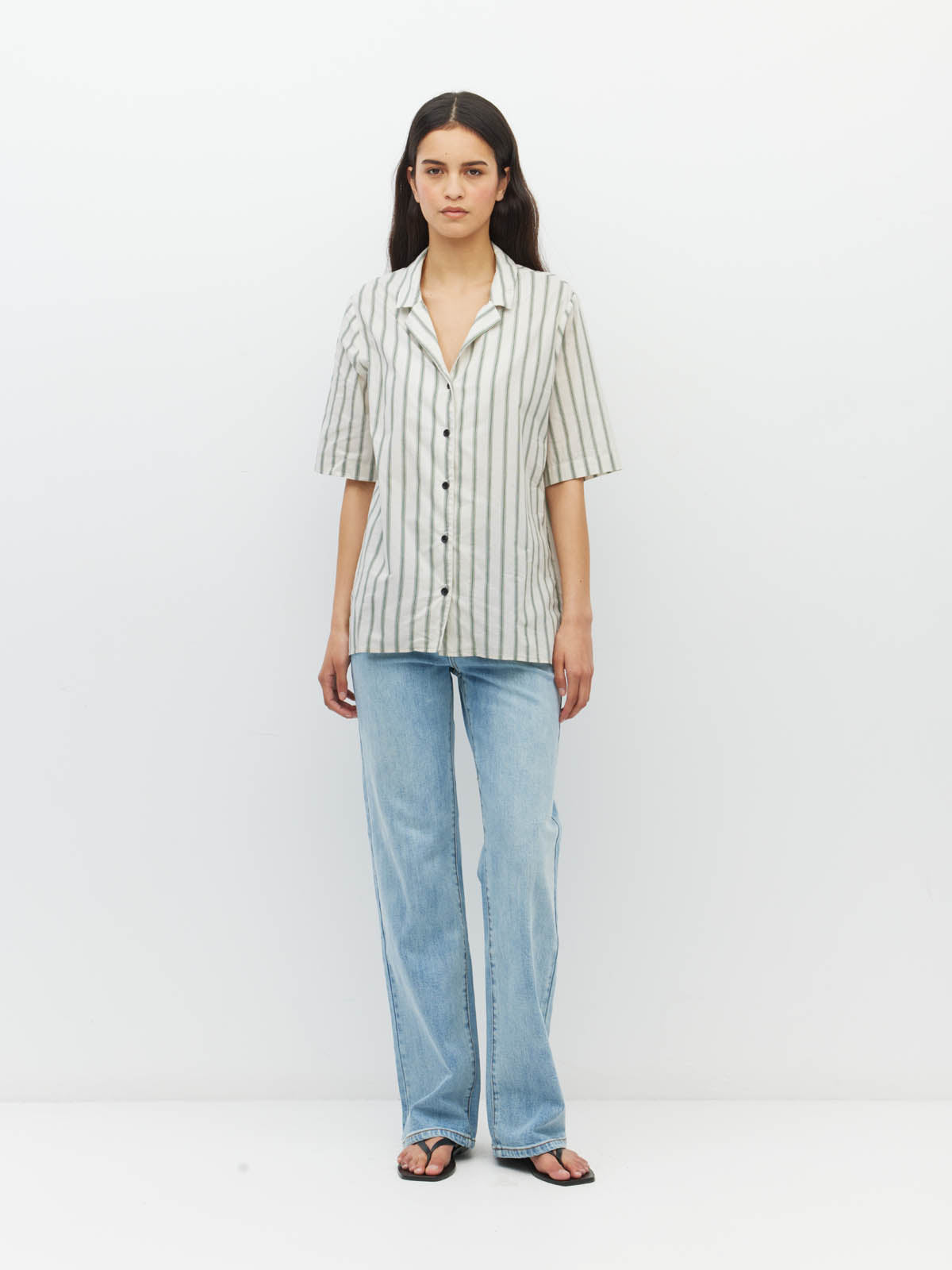 Juliette Hogan Des Shirt (Batch Stripe) Pine Line - oversized striped cotton summer shirt with V-neck collar, exposed button placket, and scoop hem.