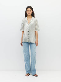Juliette Hogan Des Shirt (Batch Stripe) Pine Line - oversized striped cotton summer shirt with V-neck collar, exposed button placket, and scoop hem.