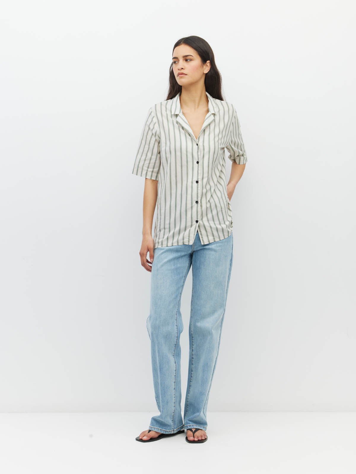 Juliette Hogan Des Shirt (Batch Stripe) Pine Line - oversized striped cotton summer shirt with V-neck collar, exposed button placket, and scoop hem.