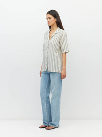 Juliette Hogan Des Shirt (Batch Stripe) Pine Line - oversized striped cotton summer shirt with V-neck collar, exposed button placket, and scoop hem.