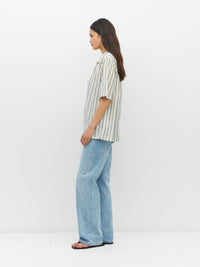 Juliette Hogan Des Shirt (Batch Stripe) Pine Line - oversized striped cotton summer shirt with V-neck collar, exposed button placket, and scoop hem.