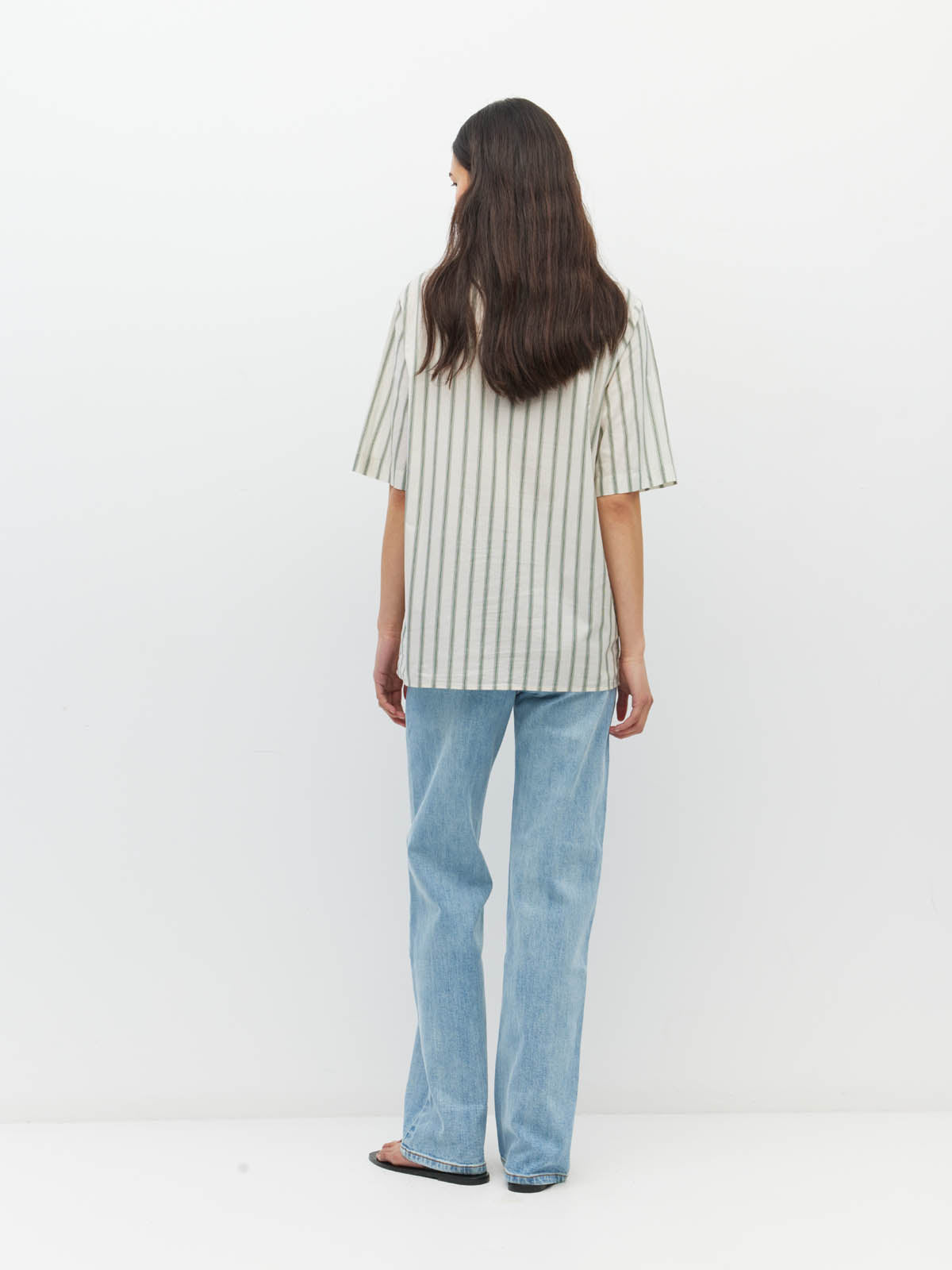 Juliette Hogan Des Shirt (Batch Stripe) Pine Line - oversized striped cotton summer shirt with V-neck collar, exposed button placket, and scoop hem.