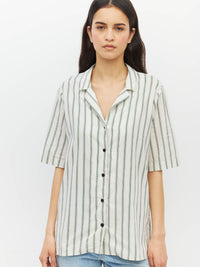 Juliette Hogan Des Shirt (Batch Stripe) Pine Line - oversized striped cotton summer shirt with V-neck collar, exposed button placket, and scoop hem.