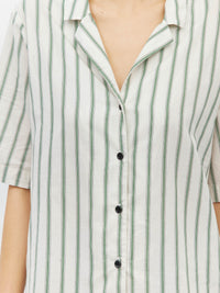 Juliette Hogan Des Shirt (Batch Stripe) Pine Line - oversized striped cotton summer shirt with V-neck collar, exposed button placket, and scoop hem.