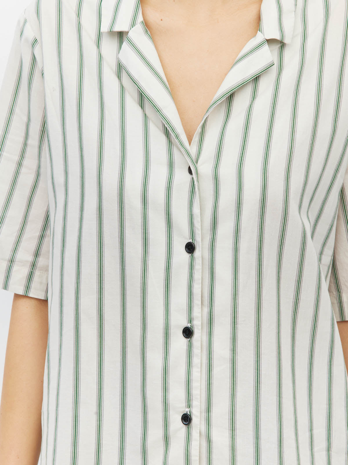 Juliette Hogan Des Shirt (Batch Stripe) Pine Line - oversized striped cotton summer shirt with V-neck collar, exposed button placket, and scoop hem.