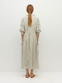 Juliette Hogan Lenora Dress (Batch Stripe Cotton) Pine Line - striped cotton shirtdress with shirt collar, full-length button sleeves, and drop waist with tie detail.
