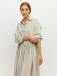 Juliette Hogan Lenora Dress (Batch Stripe Cotton) Pine Line - striped cotton shirtdress with shirt collar, full-length button sleeves, and drop waist with tie detail.