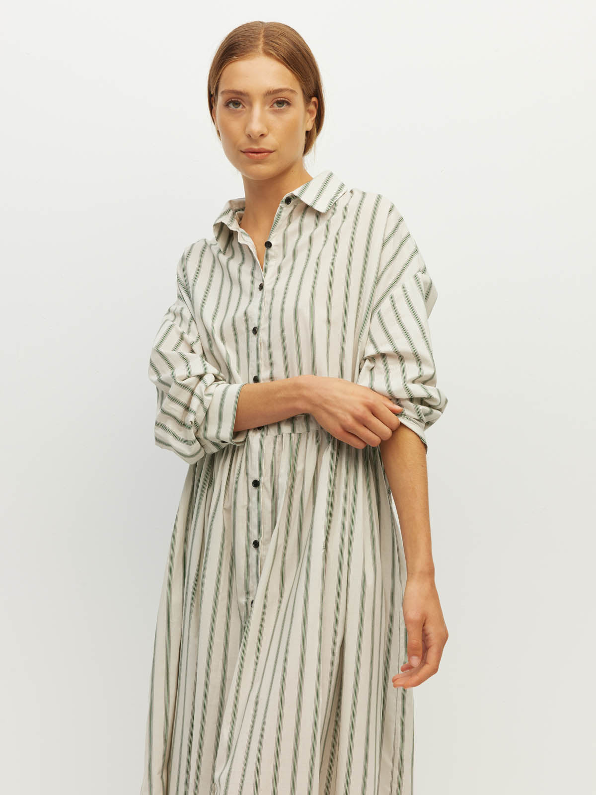 Juliette Hogan Lenora Dress (Batch Stripe Cotton) Pine Line - striped cotton shirtdress with shirt collar, full-length button sleeves, and drop waist with tie detail.