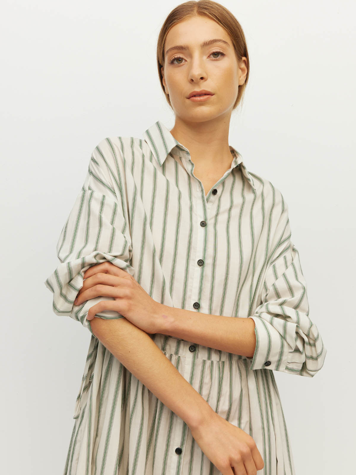 Juliette Hogan Lenora Dress (Batch Stripe Cotton) Pine Line - striped cotton shirtdress with shirt collar, full-length button sleeves, and drop waist with tie detail.
