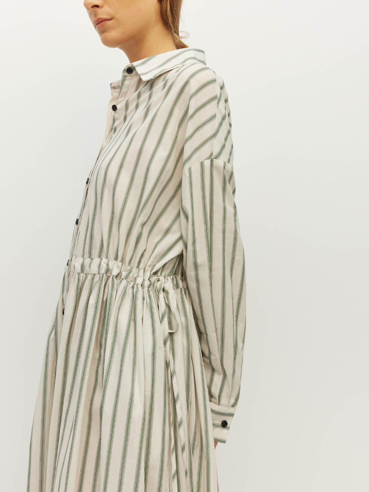 Juliette Hogan Lenora Dress (Batch Stripe Cotton) Pine Line - striped cotton shirtdress with shirt collar, full-length button sleeves, and drop waist with tie detail.