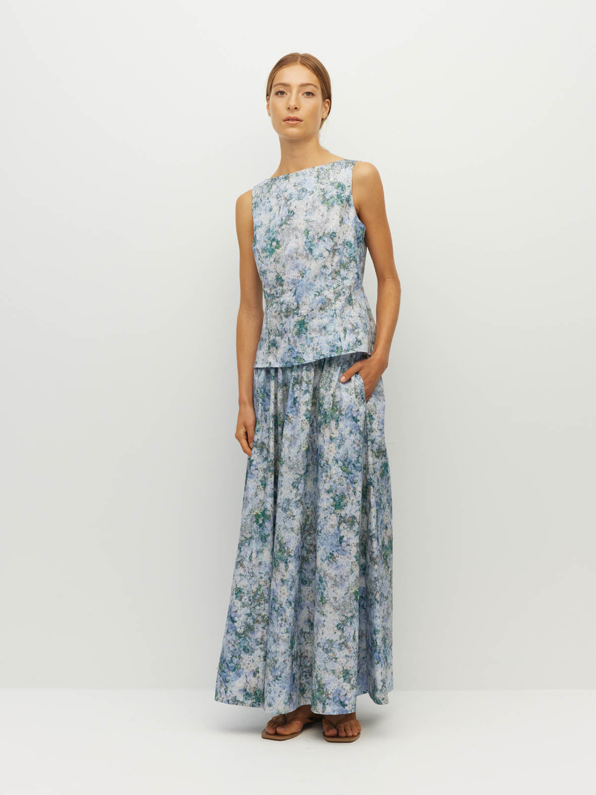 Juliette Hogan Bernie Top (Cloud Flower Cotton) Frosted Sky - fitted sleeveless cotton top with wide boat neckline and centre back zip closure.
