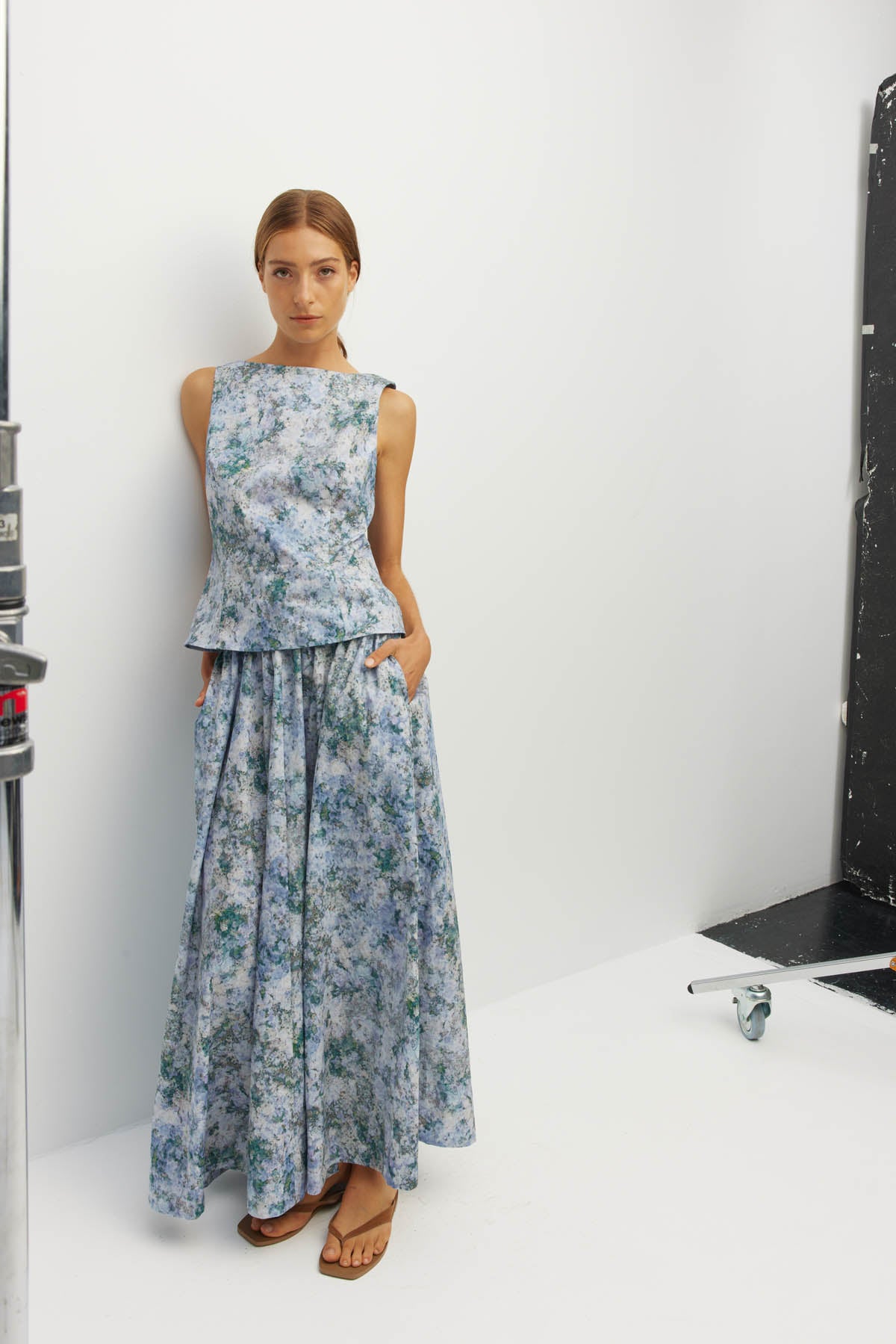 Juliette Hogan Bernie Top (Cloud Flower Cotton) Frosted Sky - fitted sleeveless cotton top with wide boat neckline and centre back zip closure.