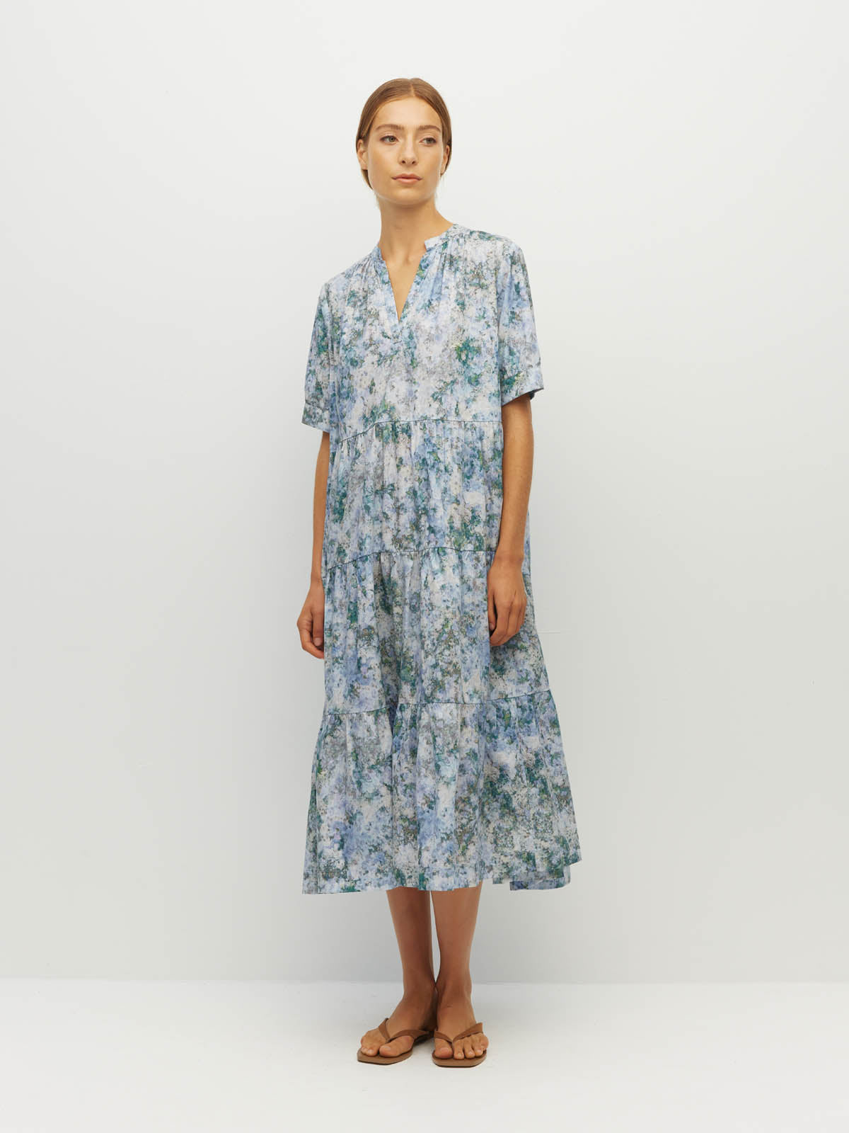 Juliette Hogan Eternal Tunic (Cloud Flower Cotton) Frosted Sky - tiered cotton midi dress with deep V-neck split and elbow-length cuffed sleeves, machine washable.