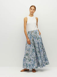 Juliette Hogan Kev Skirt (Cloud Flower Cotton) Frosted Sky - printed ankle-length cotton maxi skirt with elasticated drawcord waist, side pockets, and side splits.