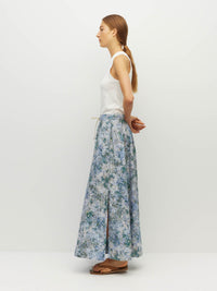 Juliette Hogan Kev Skirt (Cloud Flower Cotton) Frosted Sky - printed ankle-length cotton maxi skirt with elasticated drawcord waist, side pockets, and side splits.