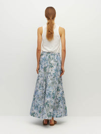 Juliette Hogan Kev Skirt (Cloud Flower Cotton) Frosted Sky - printed ankle-length cotton maxi skirt with elasticated drawcord waist, side pockets, and side splits.