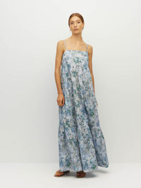 Juliette Hogan Rosa Dress (Cloud Flower Cotton) Frosted Sky - printed cotton maxi dress with elasticated back bodice and tiered skirt.