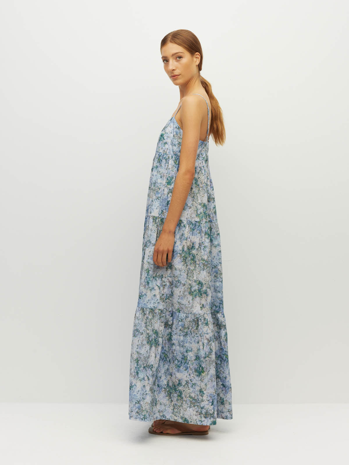 Juliette Hogan Rosa Dress (Cloud Flower Cotton) Frosted Sky - printed cotton maxi dress with elasticated back bodice and tiered skirt.