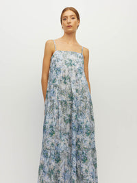 Juliette Hogan Rosa Dress (Cloud Flower Cotton) Frosted Sky - printed cotton maxi dress with elasticated back bodice and tiered skirt.
