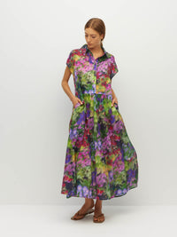Juliette Hogan Lenni Dress (Dream in Colour Cotton) Spectra - cotton printed shirtdress with cap sleeves, gentle gathers, and ankle-length hem with side splits.