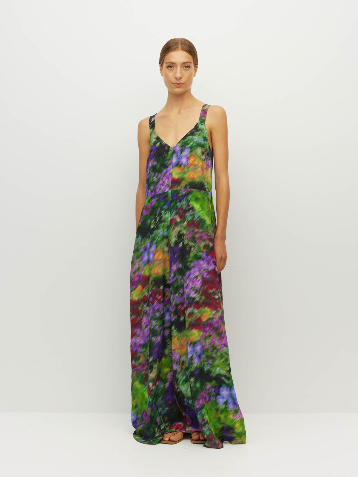 Juliette Hogan Gaelle Dress (Dream in Colour Silk CDC) Spectra - printed silk event maxi dress with wide shoulder straps, V-neckline, and optional waist tie.