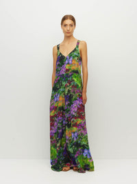 Juliette Hogan Gaelle Dress (Dream in Colour Silk CDC) Spectra - printed silk event maxi dress with wide shoulder straps, V-neckline, and optional waist tie.