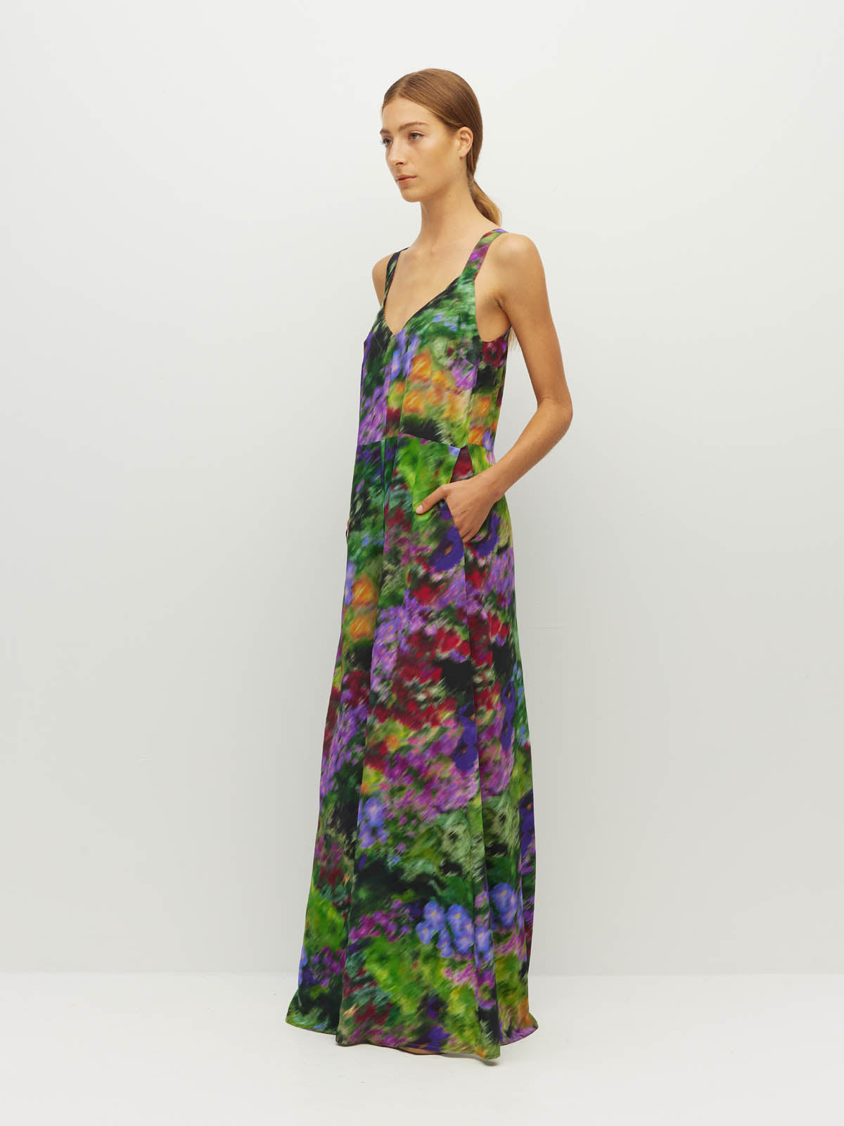 Juliette Hogan Gaelle Dress (Dream in Colour Silk CDC) Spectra - printed silk event maxi dress with wide shoulder straps, V-neckline, and optional waist tie.