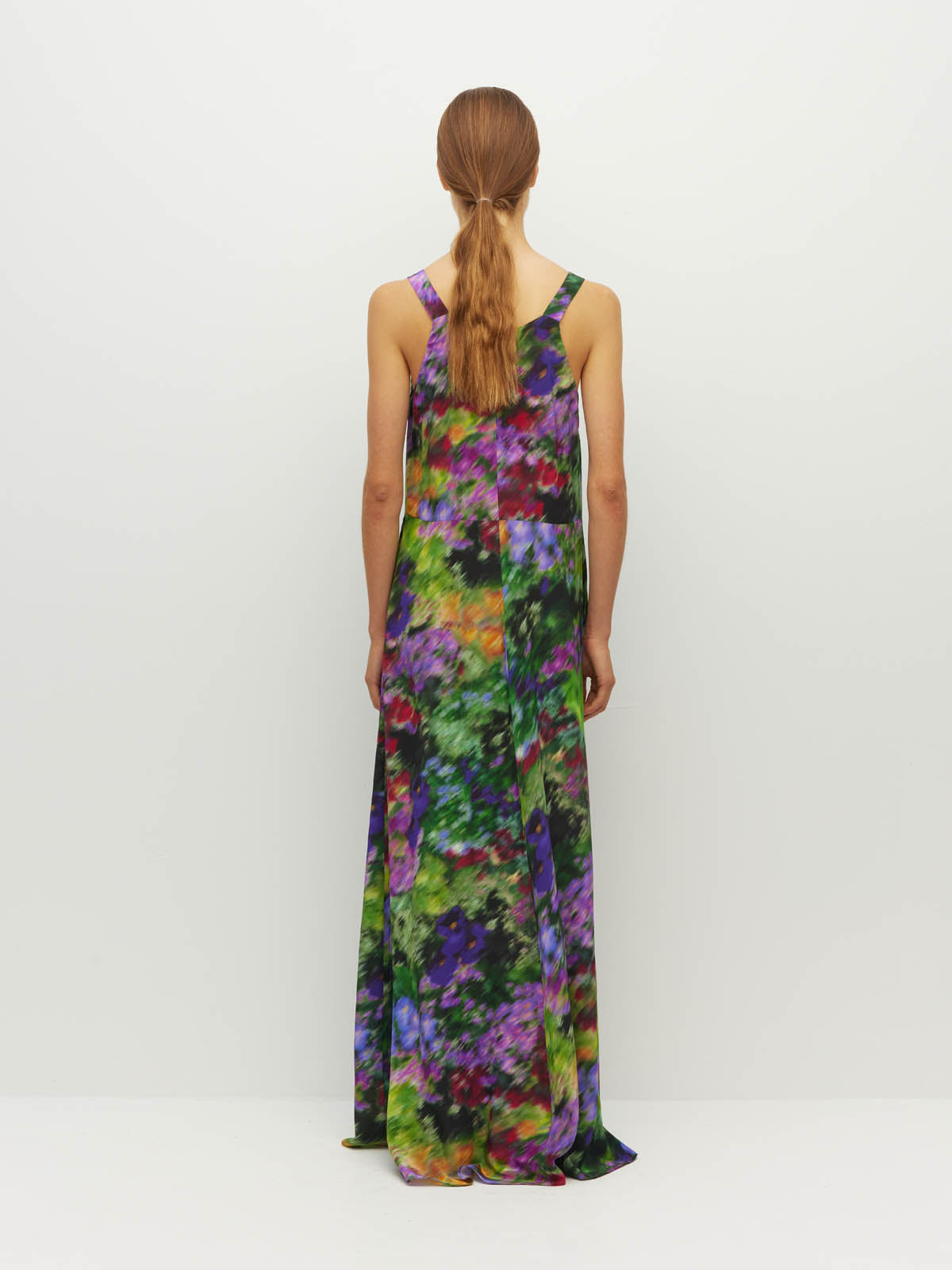 Juliette Hogan Gaelle Dress (Dream in Colour Silk CDC) Spectra - printed silk event maxi dress with wide shoulder straps, V-neckline, and optional waist tie.