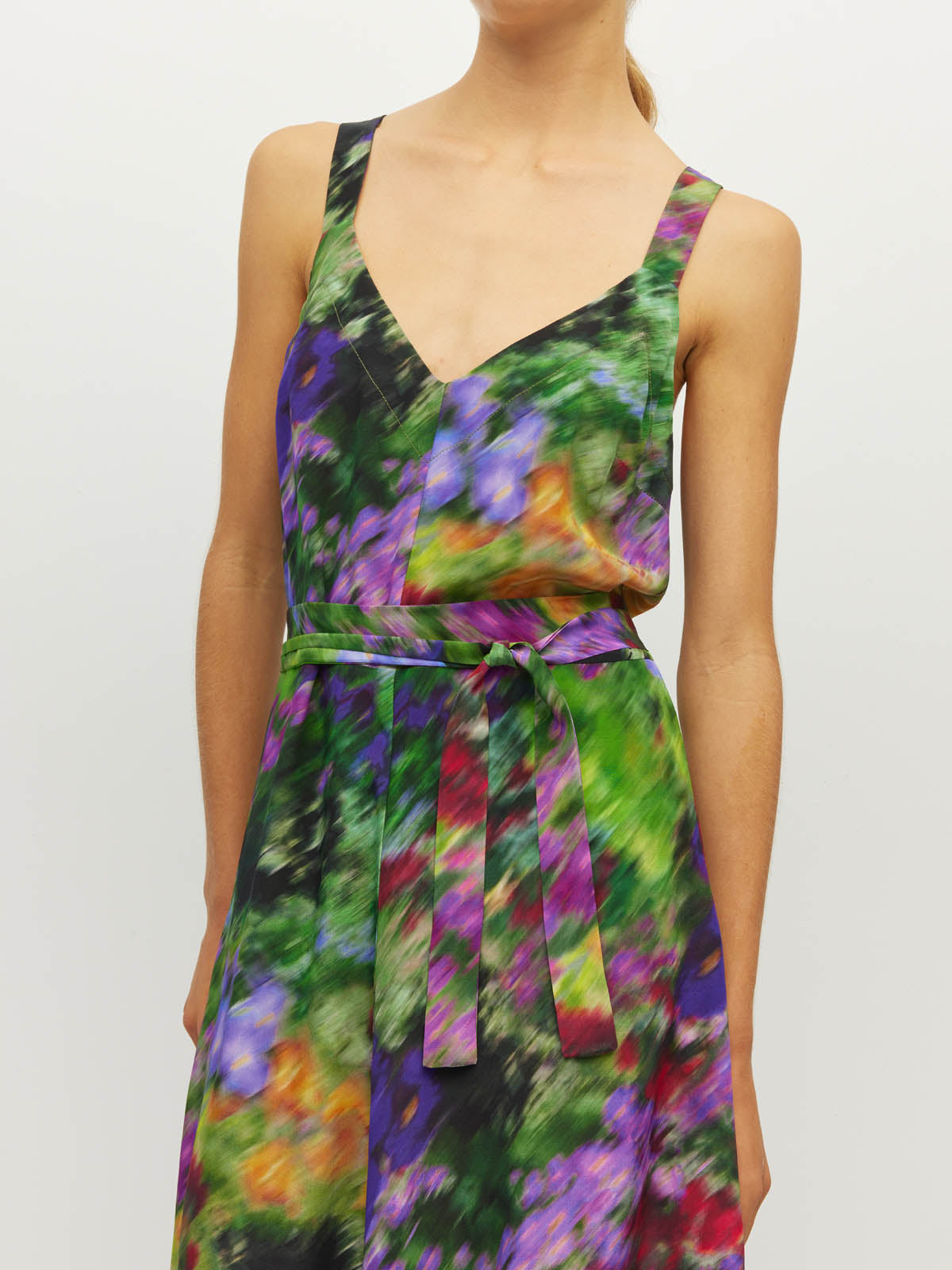 Juliette Hogan Gaelle Dress (Dream in Colour Silk CDC) Spectra - printed silk event maxi dress with wide shoulder straps, V-neckline, and optional waist tie.